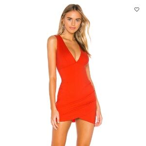 Superdown Skye Mini Dress Red V Neck Low Cut Asymmetric Hem Ruched Party Dress